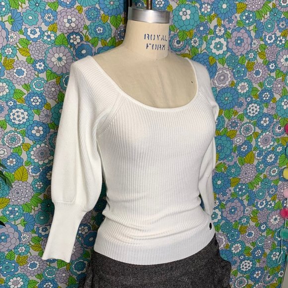 BSB Jeans White Ribbed Scoop Neck 3/4 Length Sleeve Top Size:S - Picture 1 of 11